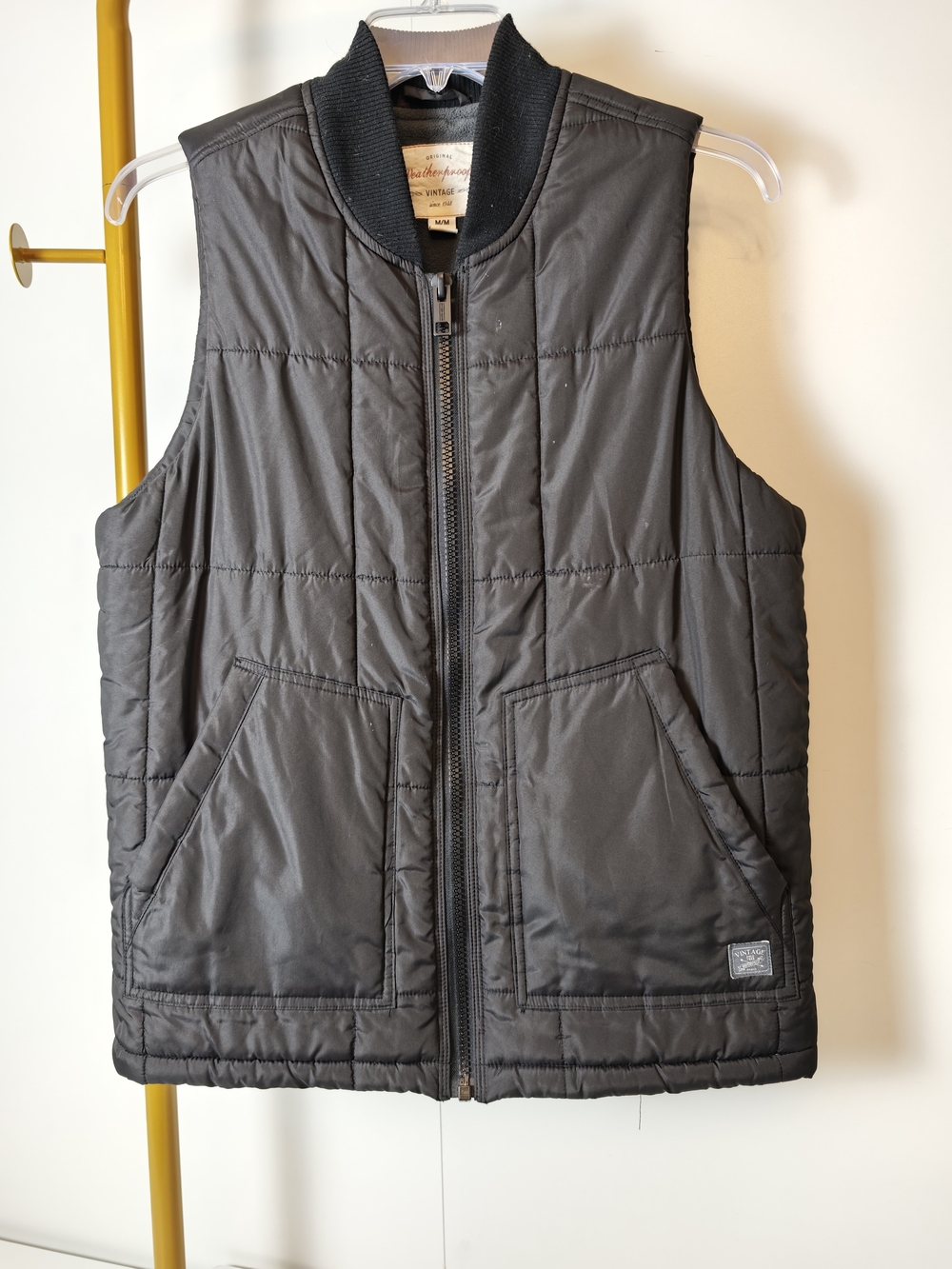 Original Weatherproof Vintage Mens Quilted Black Vest Ribbed Collar Medium